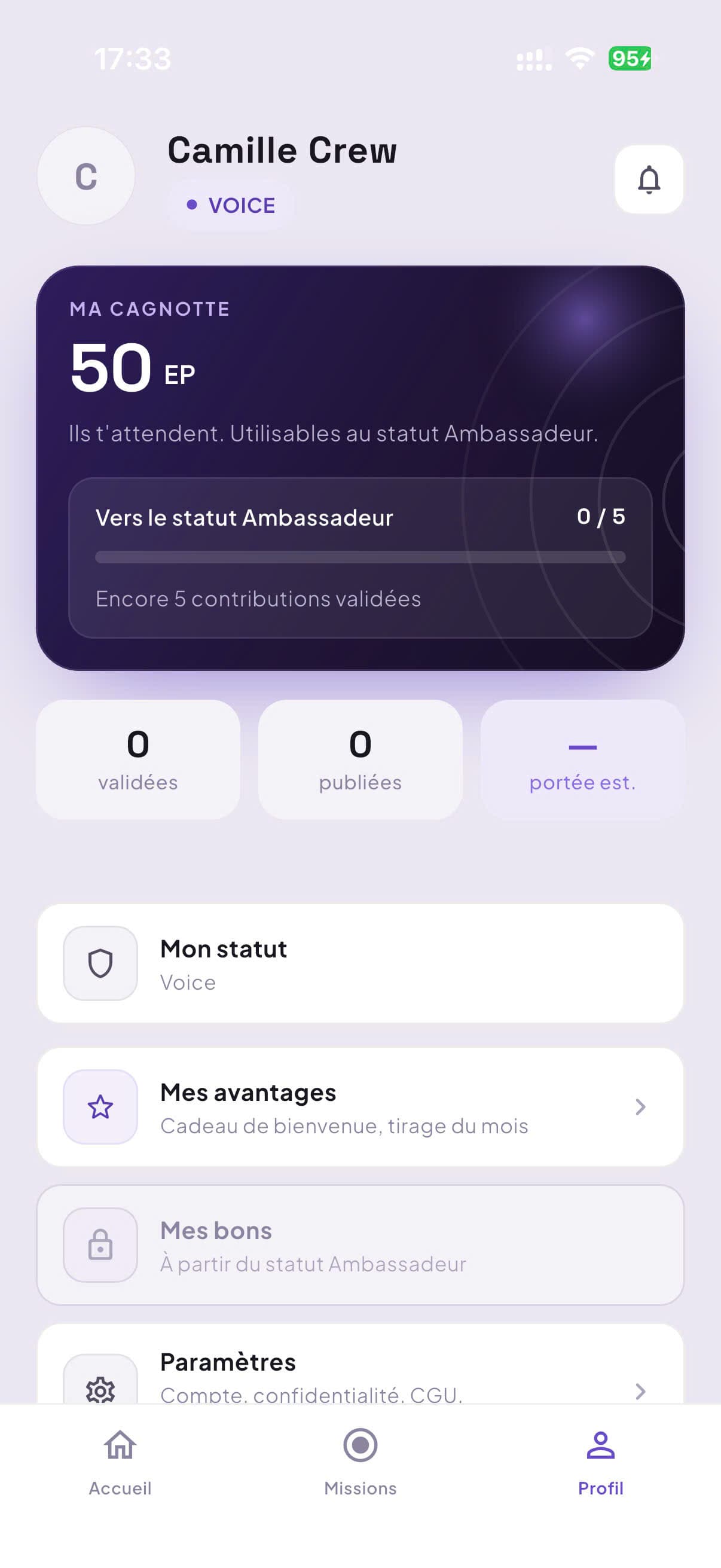Profil et cagnotte de points dans Echo